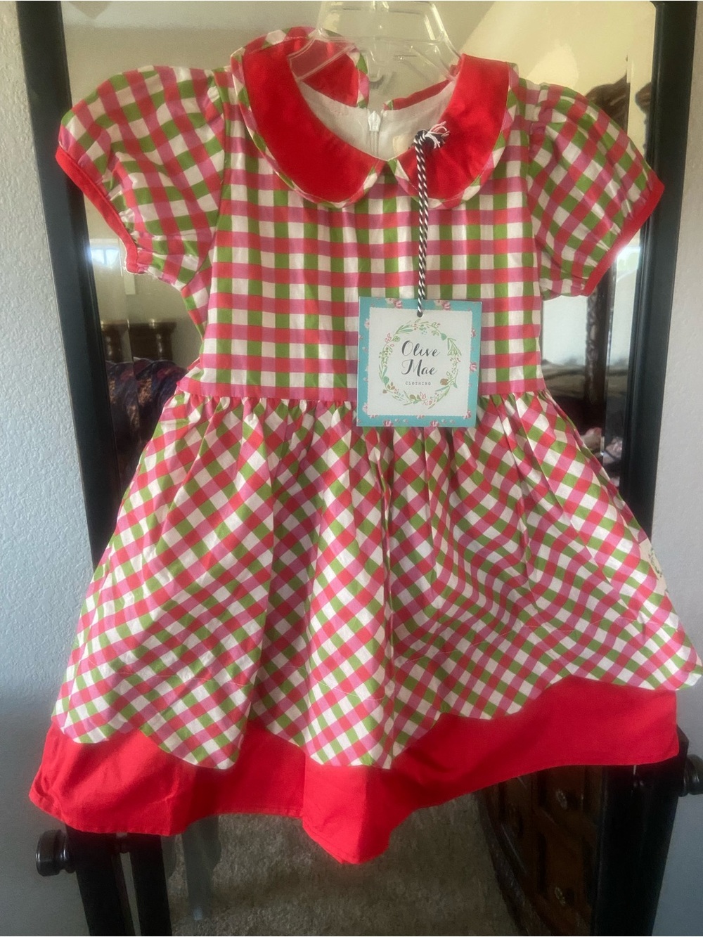 Girls' Pink, Red & Green Gingham Casual Dress